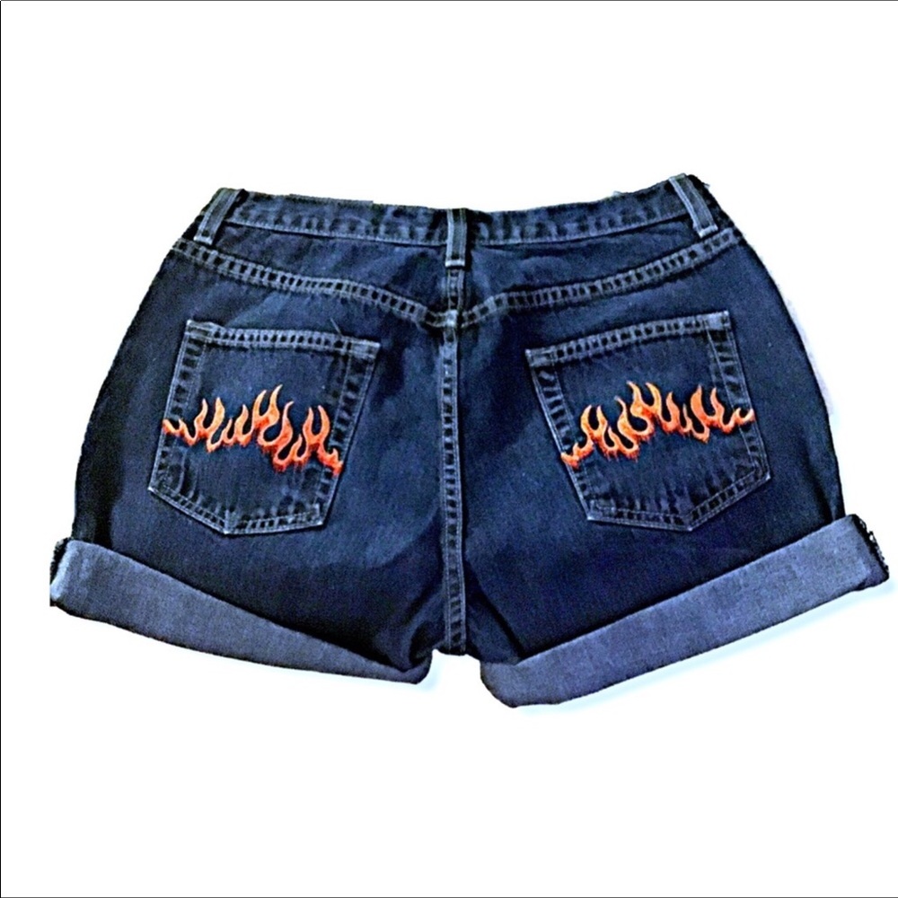 Retro High Waisted Flame Embroidered Mom Shorts